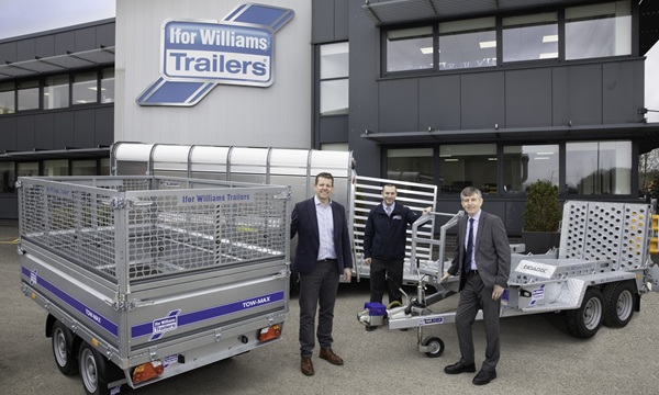 Ifor Williams Trailers ; Rhun ap Iorwerth Plaid Cymru Leader with Gerallt Parry and John Williams of Ifor Williams Trailers. Picture Mandy Jones
