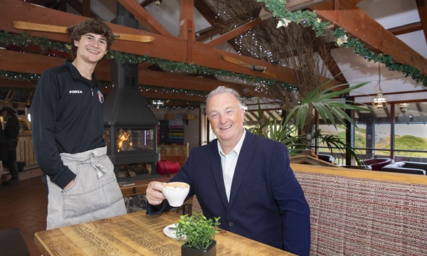 North Wales Tourism; Jim Jones ; CEO of North Wales Tourism pictured with Jacob Guy at the Alpine Lodge , Llandudno