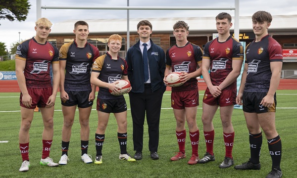 Ifor williams Trailers renew their sponsorship with the U16 and U18 Rugby. Jac Williams, Harry Hogan, Eneas Parry-Fink, Joe Pardoe, IWT marketing manager, Adam Davey, Gruff Glyn-Jones and Joe Ryder.