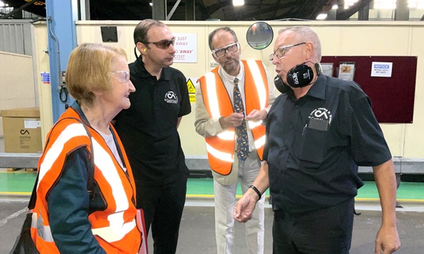 Dame Nia Griffith and Councillor Jame Gibson-Watt tour CastAlum in Welshpool with Greg Howe (second left), Training and Safety Manager, and Simon Grimwade (right), Plant Manager.