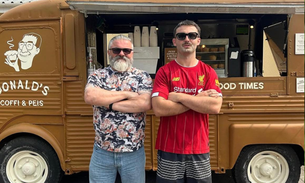 Gareth and his dad with the orginal Donald's Pies van