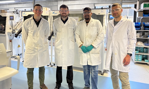 The team in the battery lab at the University of Limerick during a project kick-off meeting. From left to right: Professor Tadhg Kennedy (UL), Dr Ashley Willow (SU), Dr Mugilan Narayanasamy (UL), and Dr Marcin Orzech (SU)