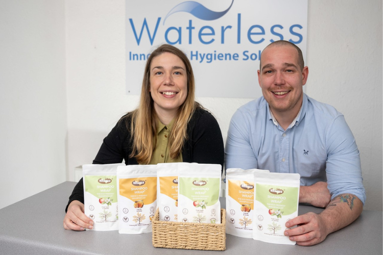 Jess-and-Victor-Efford-of-Waterless-with-the-new-Nilaqua-Shampoo-Wrap image