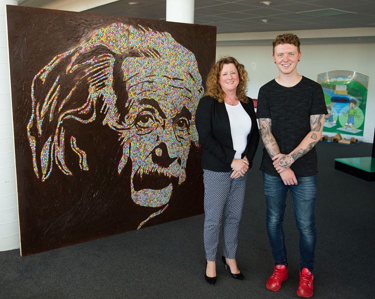 Lesley Kirkpatrick and Nathan Wyburn with Smarties Einstein portrain - Copy