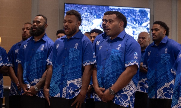 Members of the Fiji squad singing a traditional hymn. Image credit: Cardiff Council