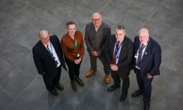 From left – Professor Tim Wheeler, Chair of Governors at Coleg Cambria; Yana Williams, Chief Executive of Coleg Cambria; Simon Pirotte, Chief Executive of Medr; Professor Joe Yates, Vice-Chancellor of Wrexham University; and Dr Leigh Griffin, Chair of Wrexham University’s Board of Governors.