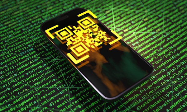 Yellow QR code floating above a smartphone on a green background made of computer programming language codes. Illustration of the concept of QR code scam, hacking and electronic payment security