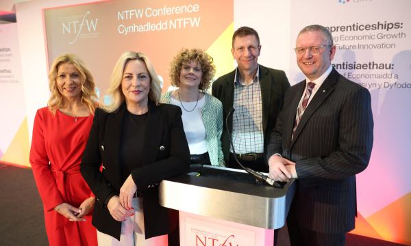 Speakers at the NTFW Annual Conference (from left) Angharad Beynon, City & Guilds, Lisa Mytton, NTFW, Rhian Edwards, Medr, Philip Blaker, Qualifications Wales and Darren Howells, Agored Cymru.