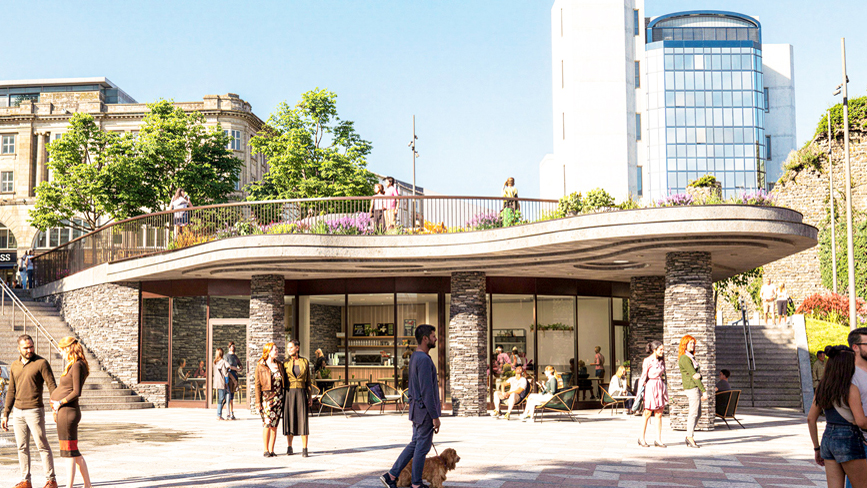 Stone How the new Stone Pavilion will look in Swansea’s Castle Square Gardens from next year. Pic: Swansea Council/ACME